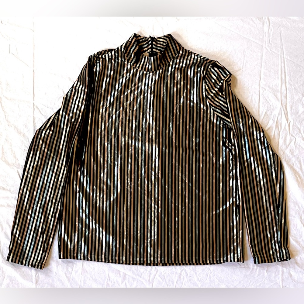 Zara Black Gold Party Velvet Striped Long Sleeve Mock Top Size Small